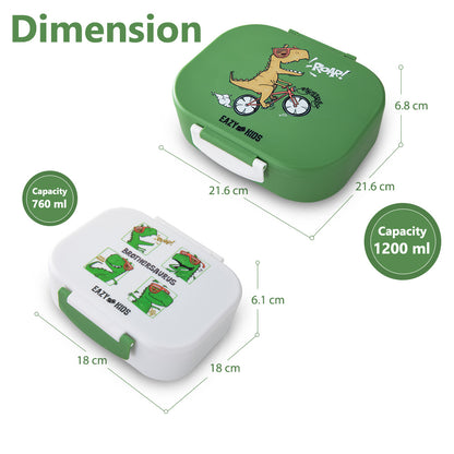 Eazy Kids Bento Lunch Box Set of 2, 1200ml + 760ml, Leakproof, BPA Free, Compartment Food Containers - Dino Green