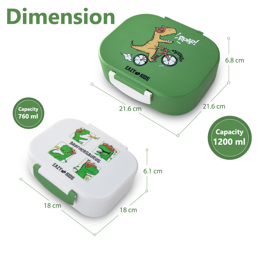 Eazy Kids Personalized Bento Lunch Box Set of 2, 1200ml + 760ml, Leakproof, BPA Free, Compartment Food Containers - Dino Green