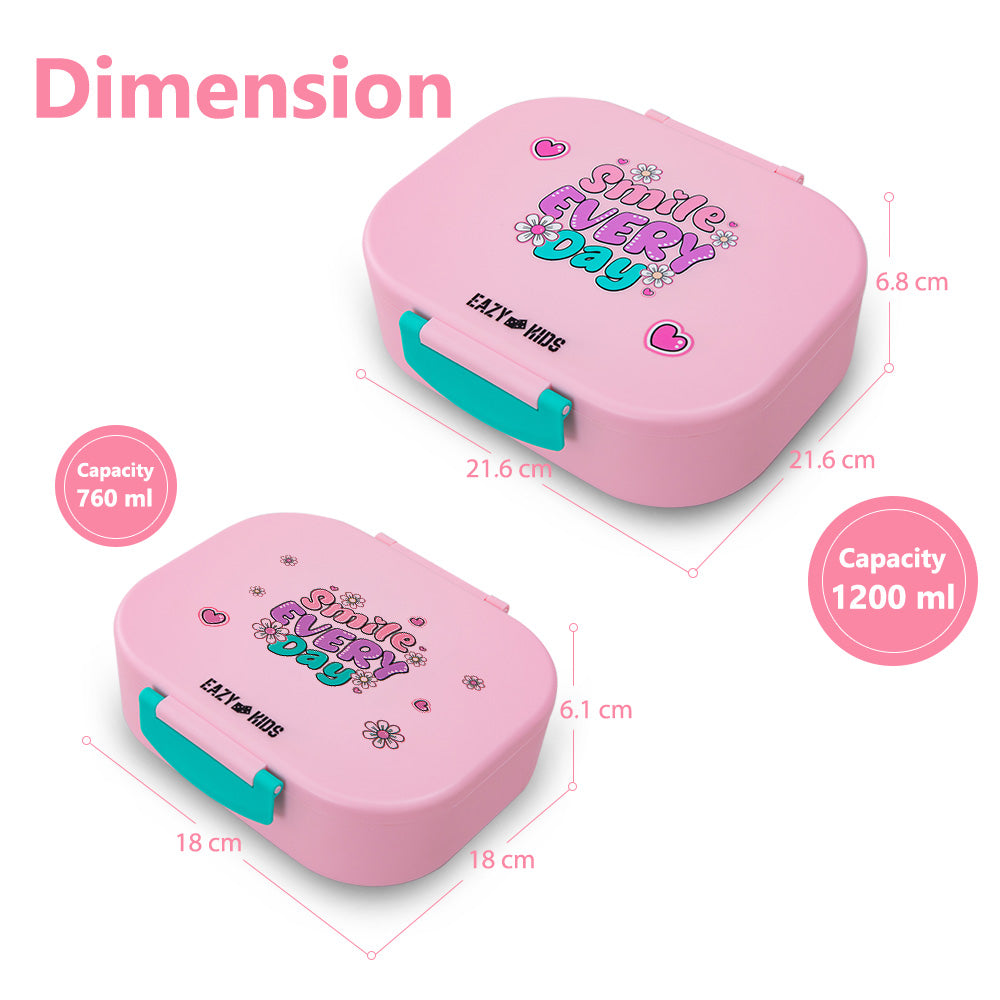 Eazy Kids Bento Lunch Box Set of 2, 1200ml + 760ml, Leakproof, BPA Free, Compartment Food Containers - Shine Pink