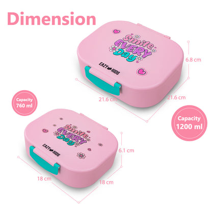 Eazy Kids Bento Lunch Box Set of 2, 1200ml + 760ml, Leakproof, BPA Free, Compartment Food Containers - Shine Pink