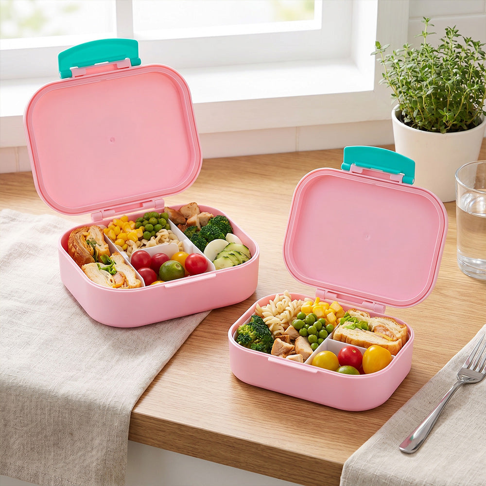 Eazy Kids Bento Lunch Box Set of 2, 1200ml + 760ml, Leakproof, BPA Free, Compartment Food Containers - Shine Pink