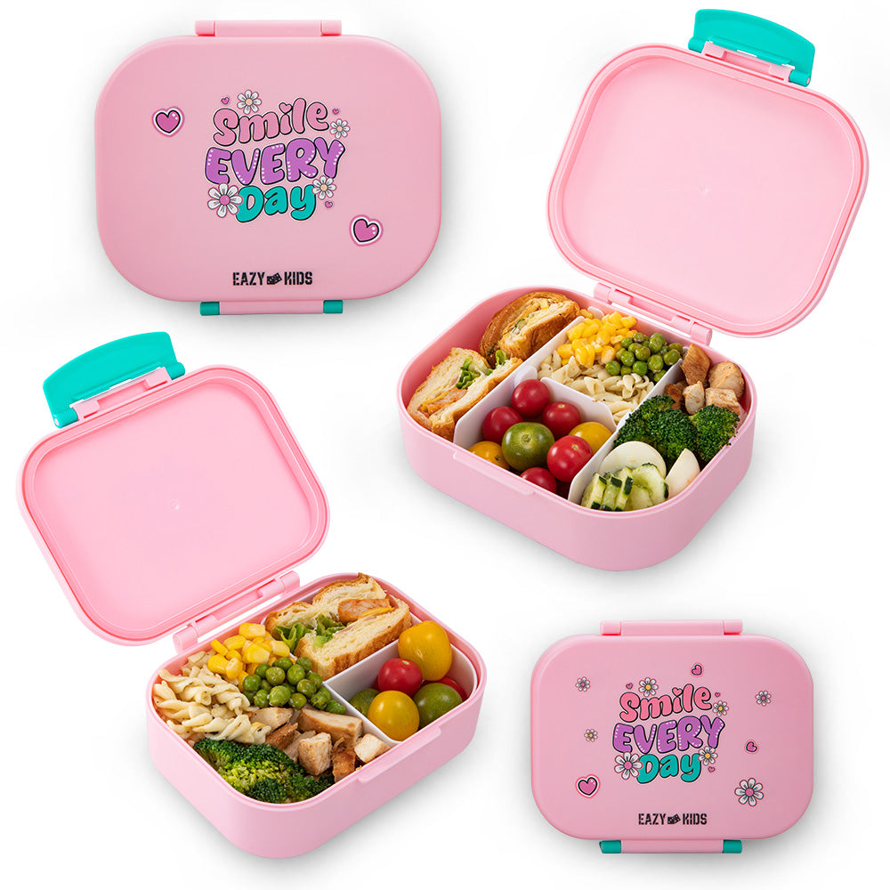 Eazy Kids Personalized Bento Lunch Box Set of 2, 1200ml + 760ml, Leakproof, BPA Free, Compartment Food Containers - Shine Pink