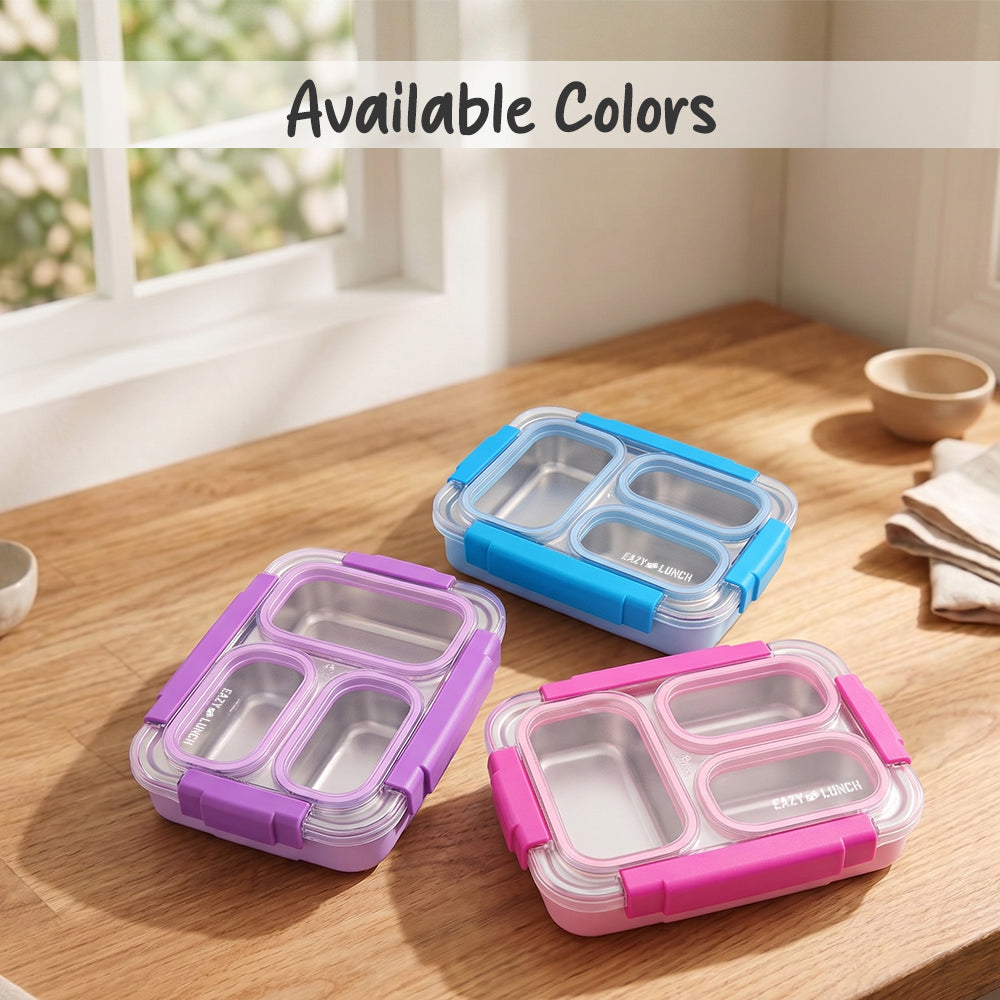 Eazy Kids Stainless Steel Lunch Box 710ml, 3 Compartment Leakproof Bento Box for Kids- Blue