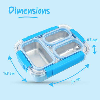 Eazy Kids Stainless Steel Lunch Box 710ml, 3 Compartment Leakproof Bento Box for Kids- Blue