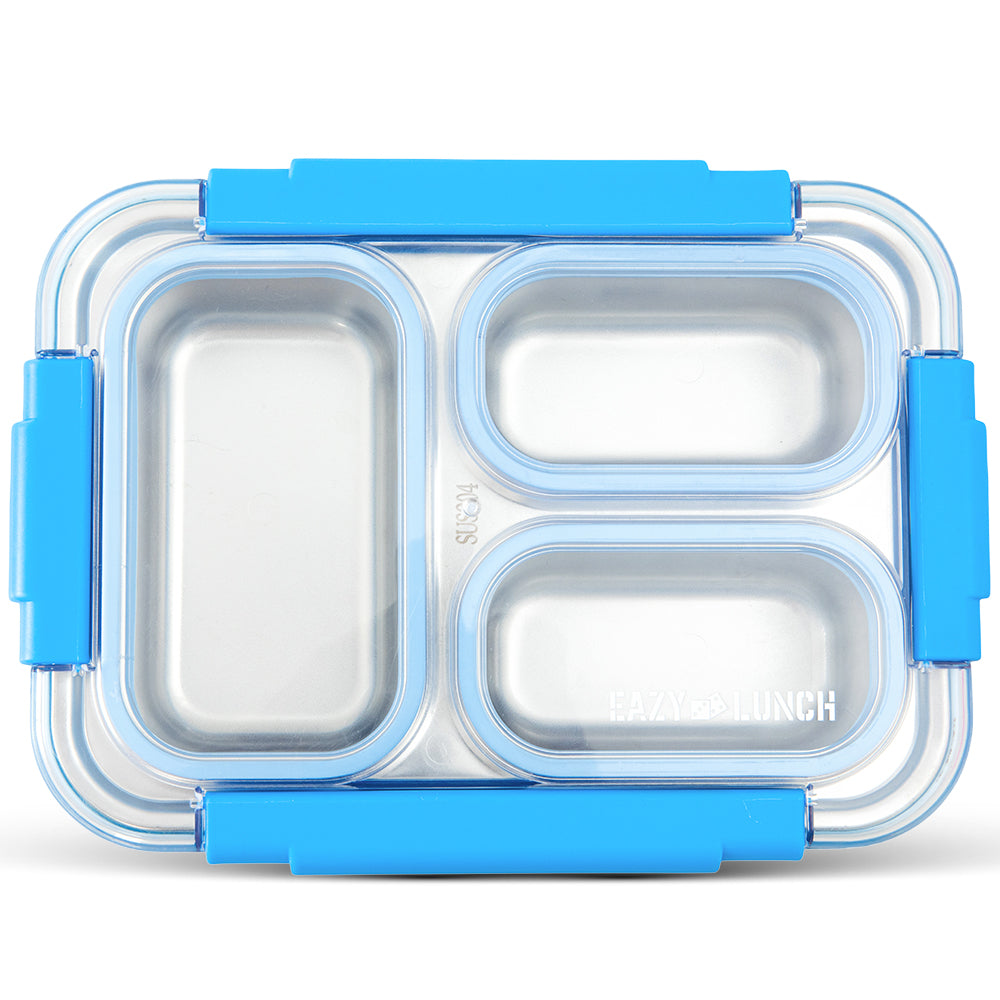 Eazy Kids Stainless Steel Lunch Box 710ml, 3 Compartment Leakproof Bento Box for Kids- Blue