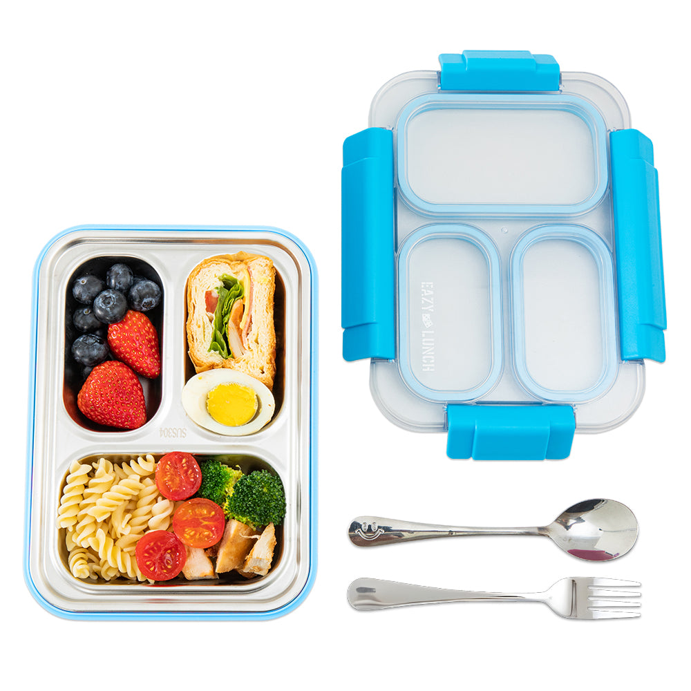 Eazy Kids Stainless Steel Lunch Box 710ml, 3 Compartment Leakproof Bento Box for Kids- Blue
