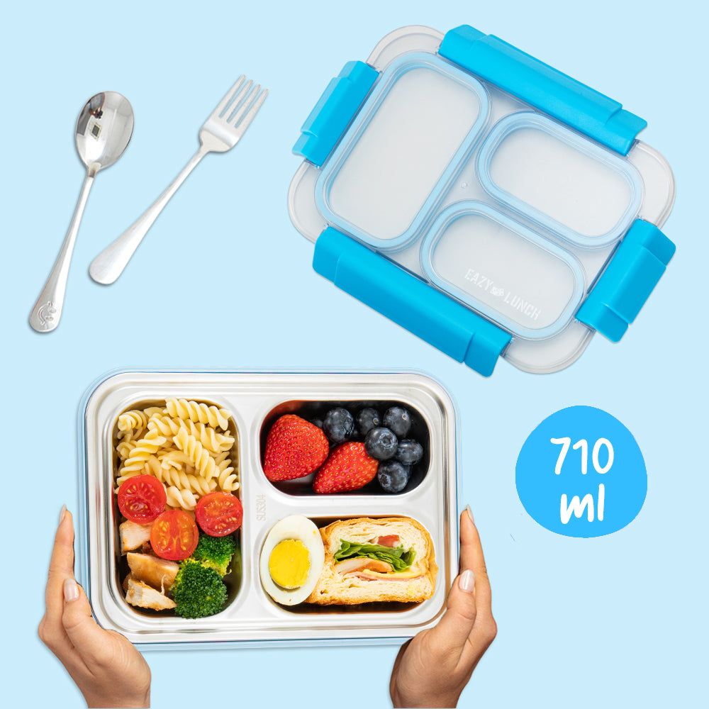 Eazy Kids Stainless Steel Lunch Box 710ml, 3 Compartment Leakproof Bento Box for Kids- Blue