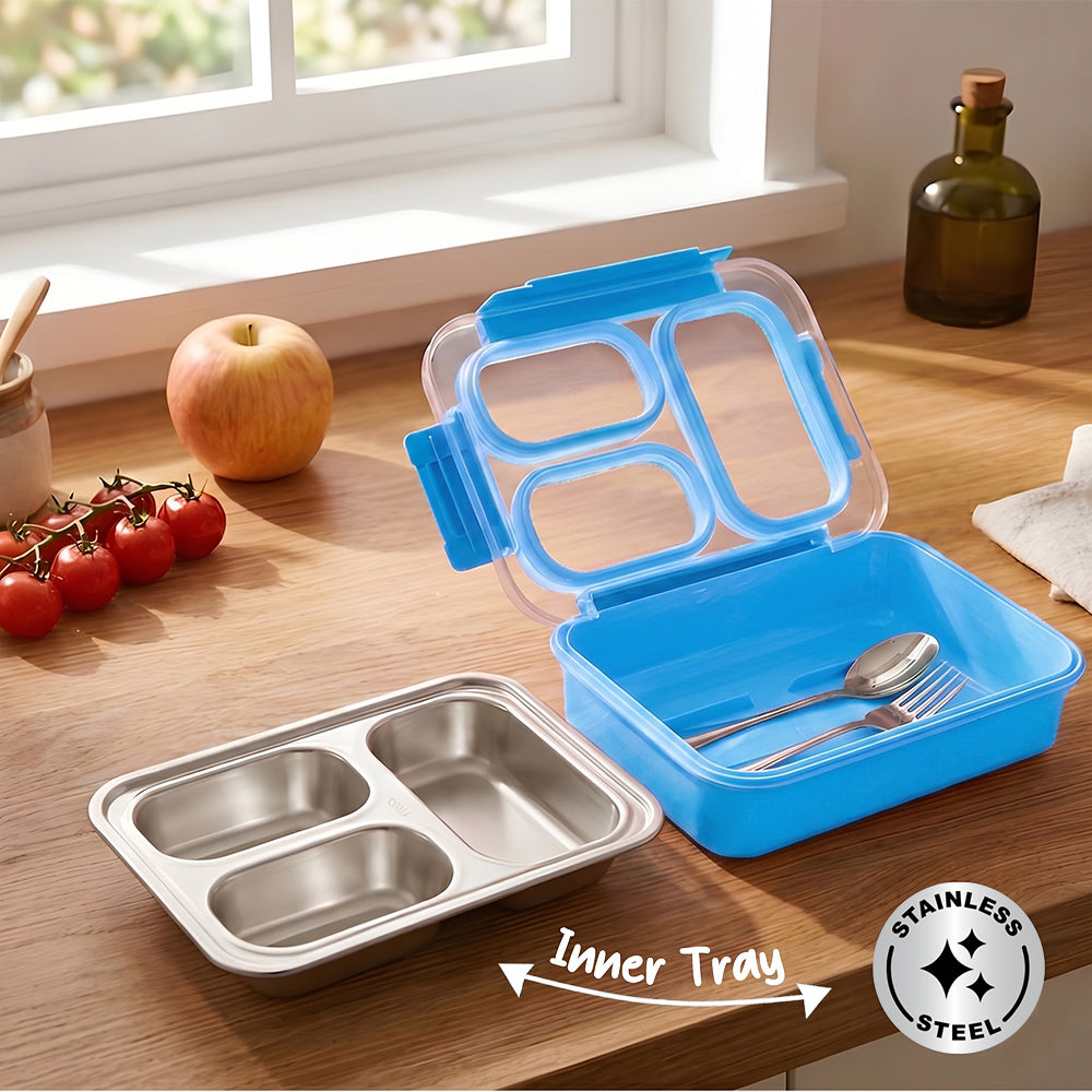 Eazy Kids Stainless Steel Lunch Box 710ml, 3 Compartment Leakproof Bento Box for Kids- Blue
