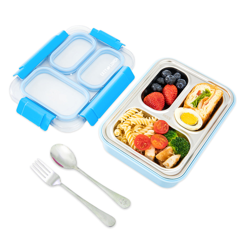 Eazy Kids Personalized Stainless Steel Lunch Box 710ml, 3 Compartment Leakproof Bento Box for Kids- Blue