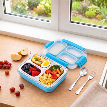 Eazy Kids Personalized Stainless Steel Lunch Box 710ml, 3 Compartment Leakproof Bento Box for Kids- Blue