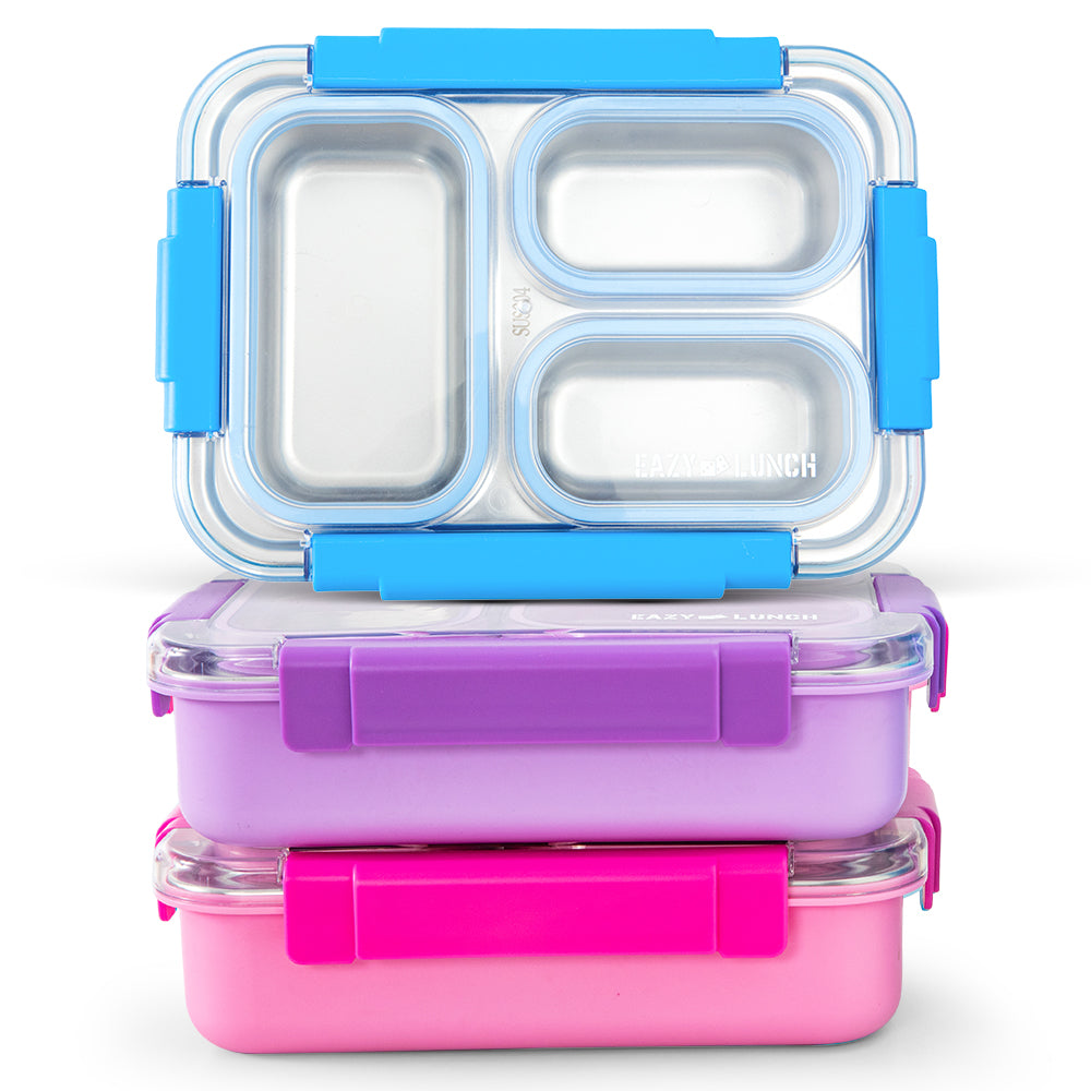 Eazy Kids Personalized Stainless Steel Lunch Box 710ml, 3 Compartment Leakproof Bento Box for Kids- Blue