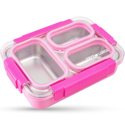 Eazy Kids Stainless Steel Lunch Box 710ml, 3 Compartment Leakproof Bento Box for Kids- Pink