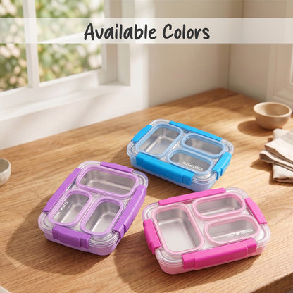 Eazy Kids Stainless Steel Lunch Box 710ml, 3 Compartment Leakproof Bento Box for Kids- Pink