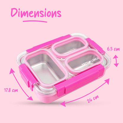 Eazy Kids Stainless Steel Lunch Box 710ml, 3 Compartment Leakproof Bento Box for Kids- Pink