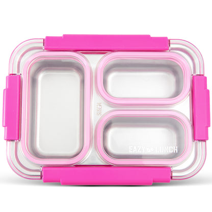 Eazy Kids Stainless Steel Lunch Box 710ml, 3 Compartment Leakproof Bento Box for Kids- Pink