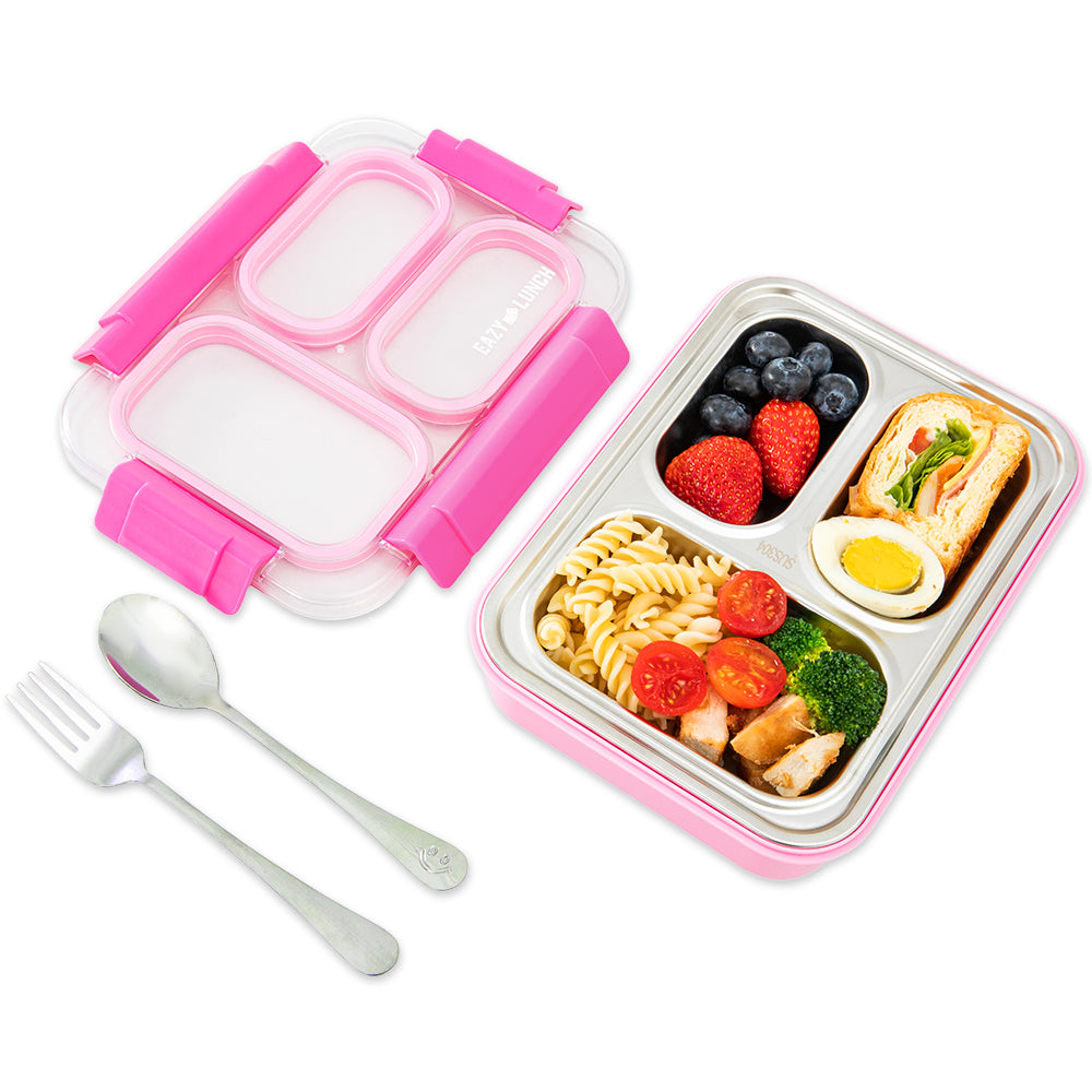 Eazy Kids Stainless Steel Lunch Box 710ml, 3 Compartment Leakproof Bento Box for Kids- Pink