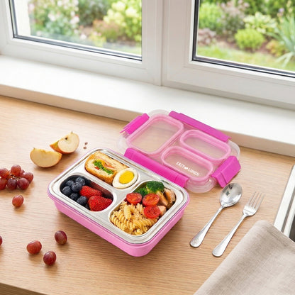 Eazy Kids Stainless Steel Lunch Box 710ml, 3 Compartment Leakproof Bento Box for Kids- Pink