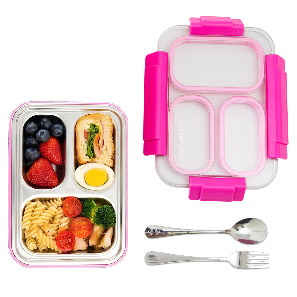 Eazy Kids Stainless Steel Lunch Box 710ml, 3 Compartment Leakproof Bento Box for Kids- Pink