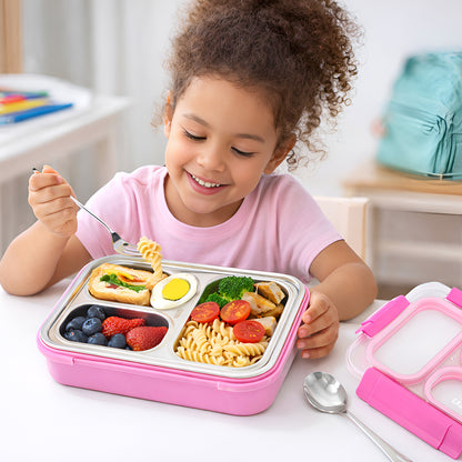Eazy Kids Stainless Steel Lunch Box 710ml, 3 Compartment Leakproof Bento Box for Kids- Pink
