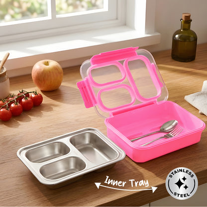 Eazy Kids Stainless Steel Lunch Box 710ml, 3 Compartment Leakproof Bento Box for Kids- Pink
