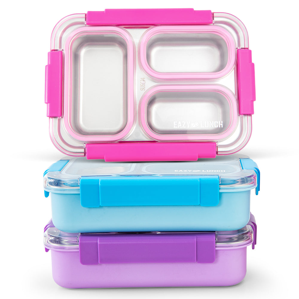 Eazy Kids Stainless Steel Lunch Box 710ml, 3 Compartment Leakproof Bento Box for Kids- Pink