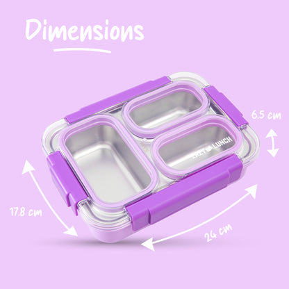 Eazy Kids Stainless Steel Lunch Box 710ml, 3 Compartment Leakproof Bento Box for Kids- Purple