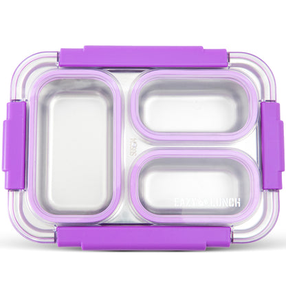 Eazy Kids Stainless Steel Lunch Box 710ml, 3 Compartment Leakproof Bento Box for Kids- Purple