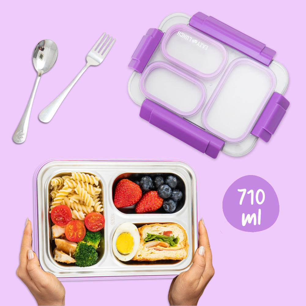 Eazy Kids Stainless Steel Lunch Box 710ml, 3 Compartment Leakproof Bento Box for Kids- Purple