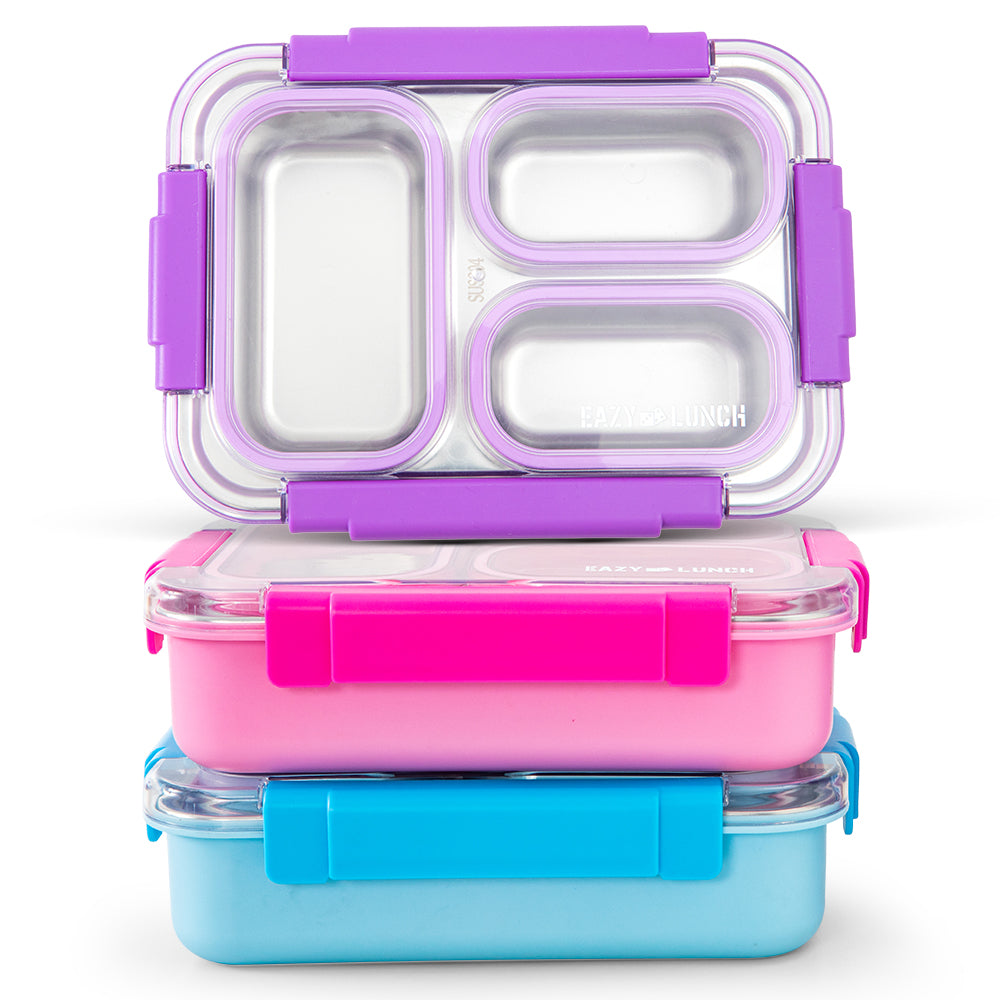 Eazy Kids Stainless Steel Lunch Box 710ml, 3 Compartment Leakproof Bento Box for Kids- Purple