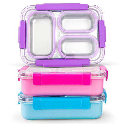 Eazy Kids Stainless Steel Lunch Box 710ml, 3 Compartment Leakproof Bento Box for Kids- Purple