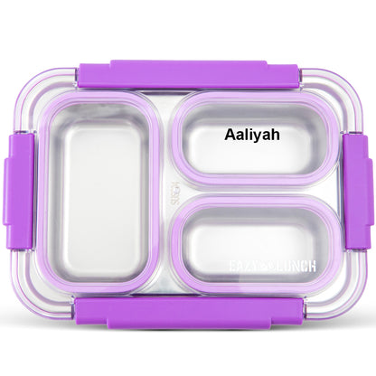 Eazy Kids Personalized Stainless Steel Lunch Box 710ml, 3 Compartment Leakproof Bento Box for Kids- Purple