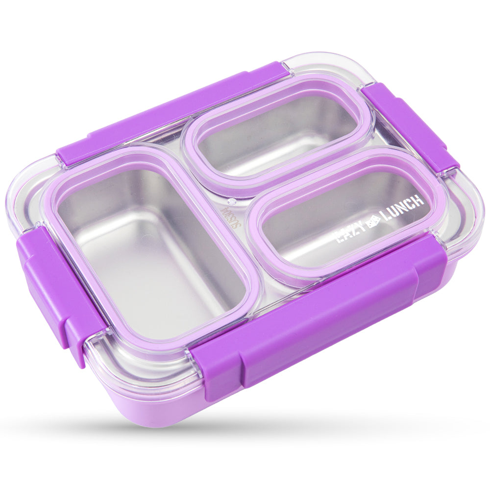 Eazy Kids Personalized Stainless Steel Lunch Box 710ml, 3 Compartment Leakproof Bento Box for Kids- Purple