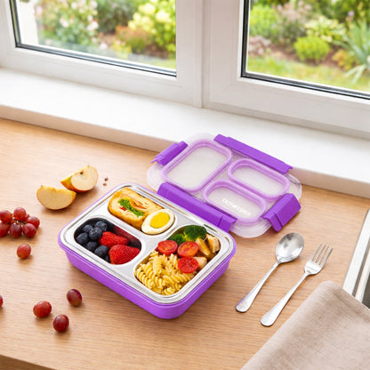 Eazy Kids Personalized Stainless Steel Lunch Box 710ml, 3 Compartment Leakproof Bento Box for Kids- Purple