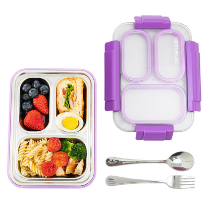 Eazy Kids Personalized Stainless Steel Lunch Box 710ml, 3 Compartment Leakproof Bento Box for Kids- Purple