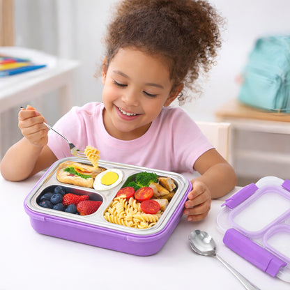 Eazy Kids Personalized Stainless Steel Lunch Box 710ml, 3 Compartment Leakproof Bento Box for Kids- Purple