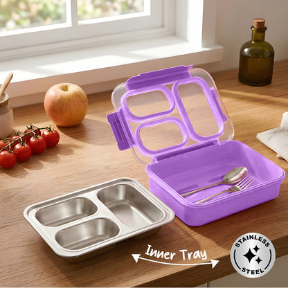 Eazy Kids Personalized Stainless Steel Lunch Box 710ml, 3 Compartment Leakproof Bento Box for Kids- Purple