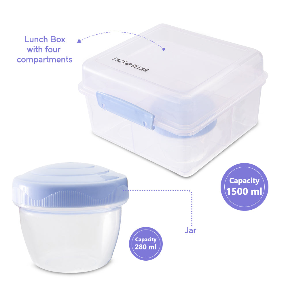 Eazy Kids All in One Lunch & Sandwich Box with Food Jar 1780ml – Leakproof 4-Compartment Lunch Box for Kids, Grey