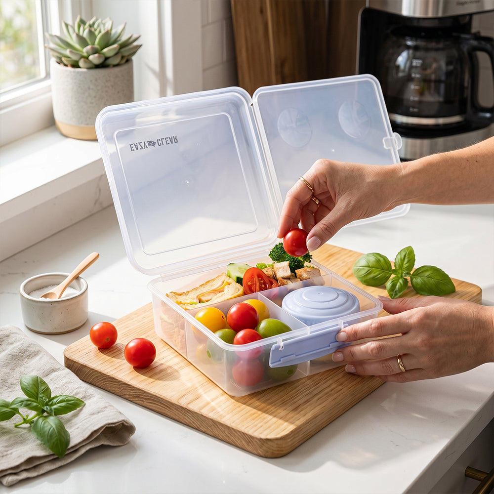 Eazy Kids Personalized All in One Lunch & Sandwich Box with Food Jar 1780ml ‚Äì Leakproof 4-Compartment Lunch Box for Kids, Grey