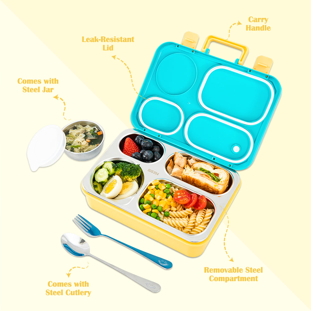 Eazy Kids Personalized Stainless Steel Lunch Box for Kids – 800ml with 150ml Food Jar - Blue