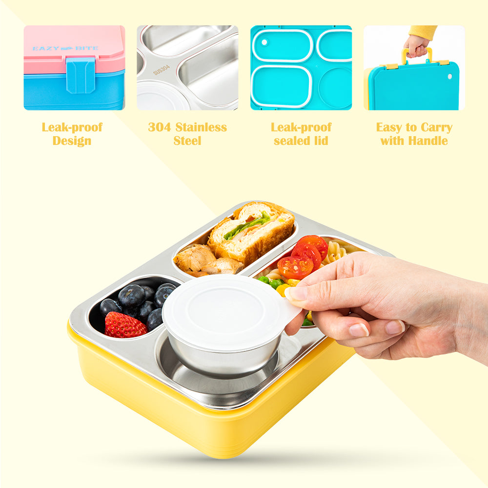 Eazy Kids Personalized Stainless Steel Lunch Box for Kids – 800ml with 150ml Food Jar - Blue
