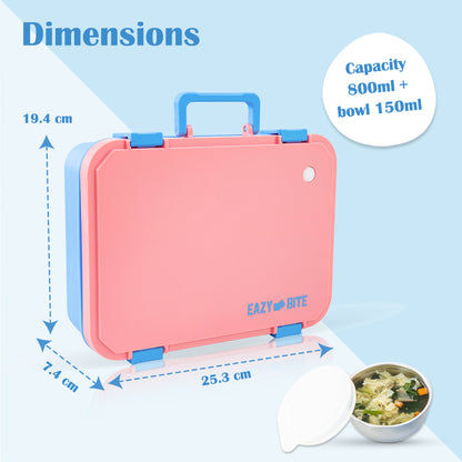 Eazy Kids Stainless Steel Lunch Box for Kids – 800ml with 150ml Food Jar- Pink
