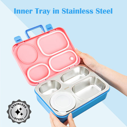 Eazy Kids Stainless Steel Lunch Box for Kids – 800ml with 150ml Food Jar- Pink