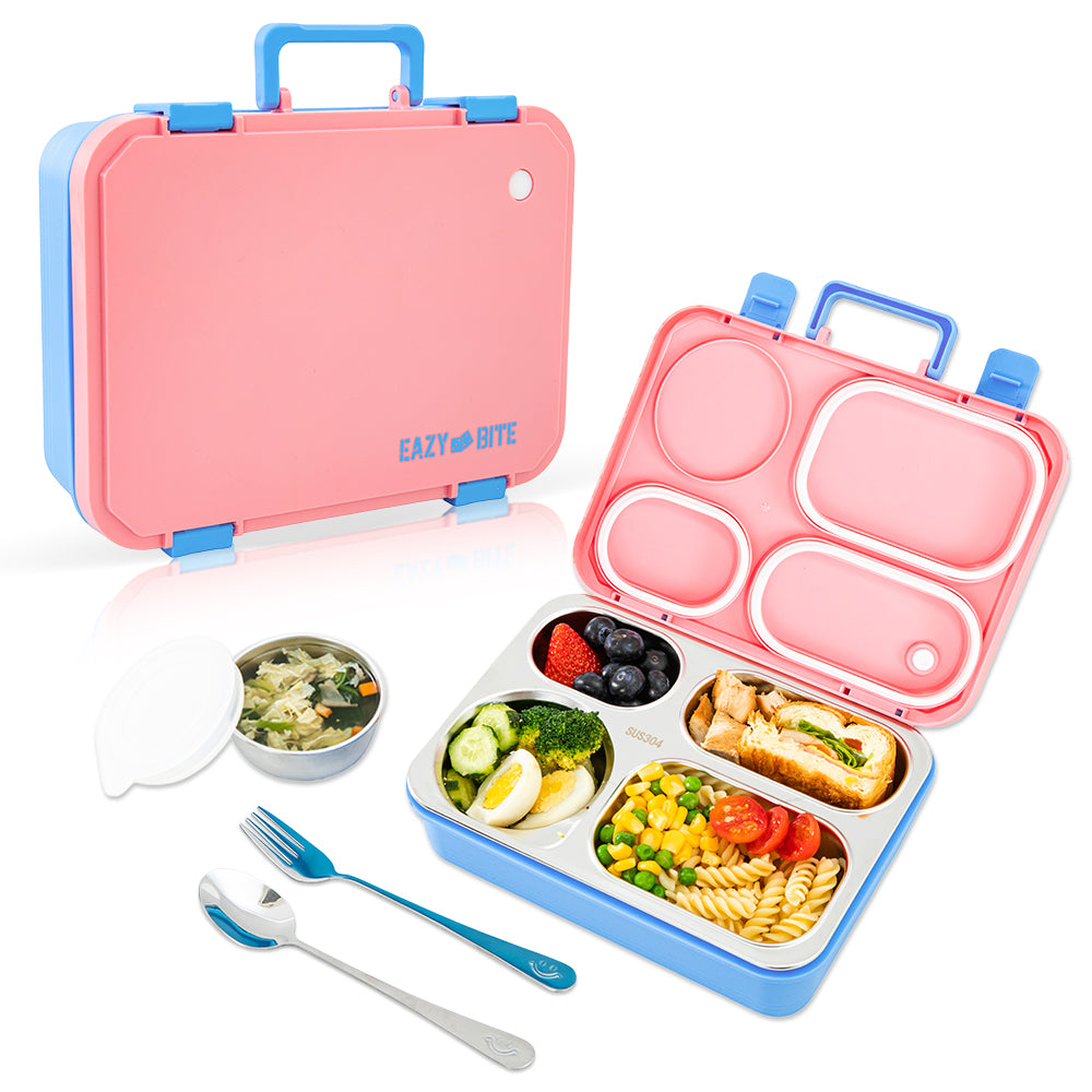 Eazy Kids Personalized Stainless Steel Lunch Box for Kids – 800ml with 150ml Food Jar- Pink