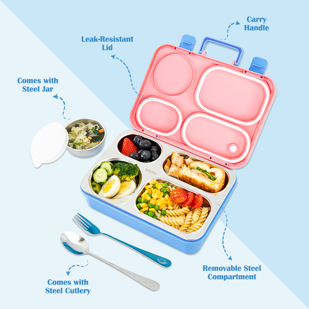 Eazy Kids Personalized Stainless Steel Lunch Box for Kids – 800ml with 150ml Food Jar- Pink