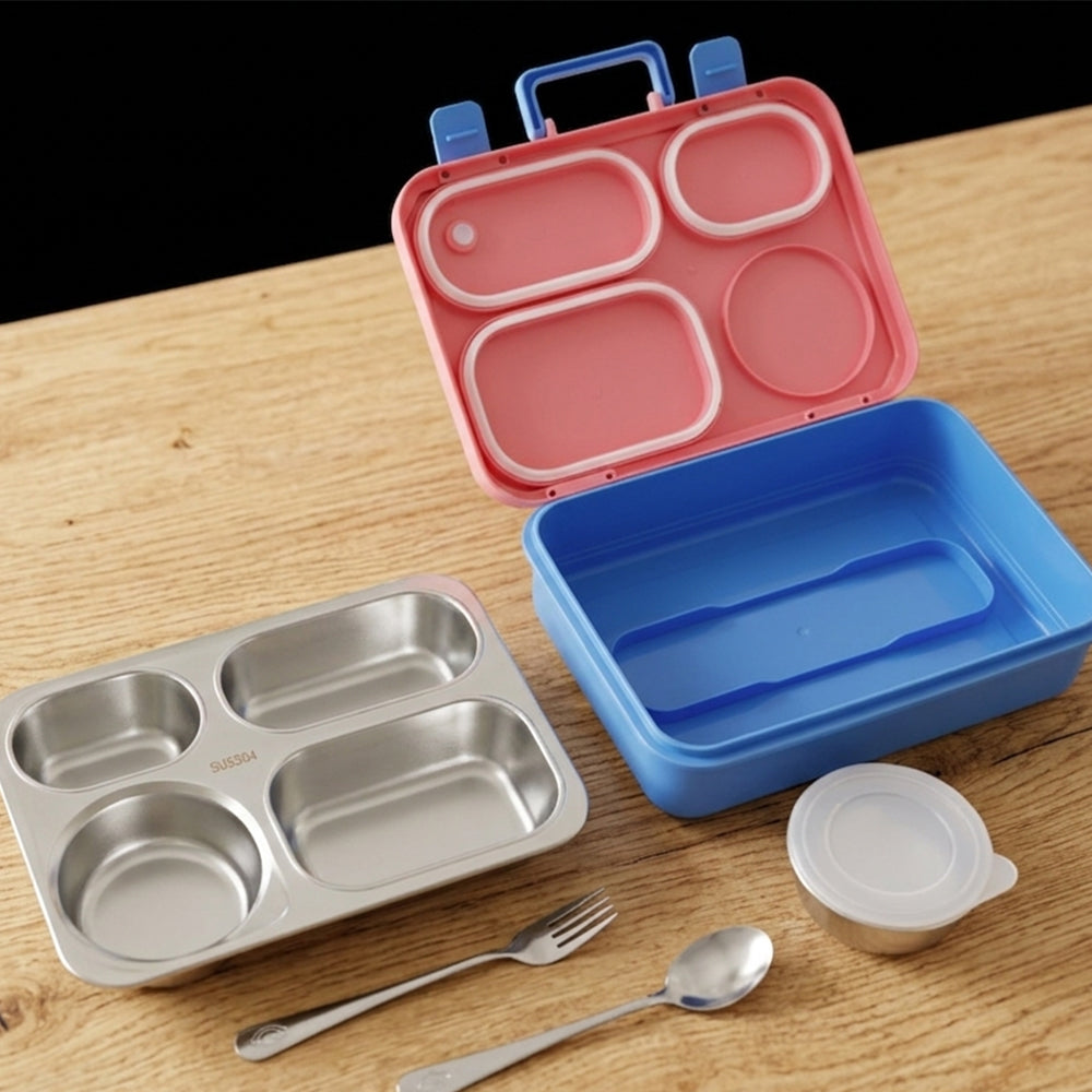 Eazy Kids Personalized Stainless Steel Lunch Box for Kids – 800ml with 150ml Food Jar- Pink