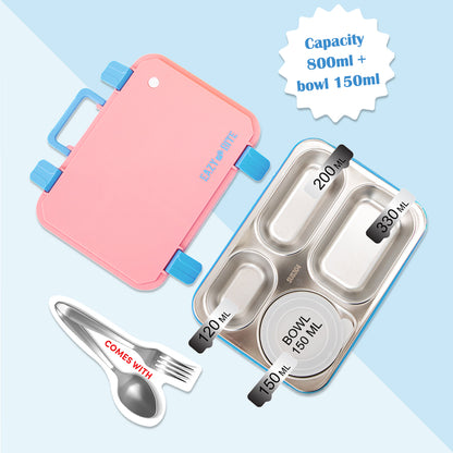 Eazy Kids Personalized Stainless Steel Lunch Box for Kids – 800ml with 150ml Food Jar- Pink