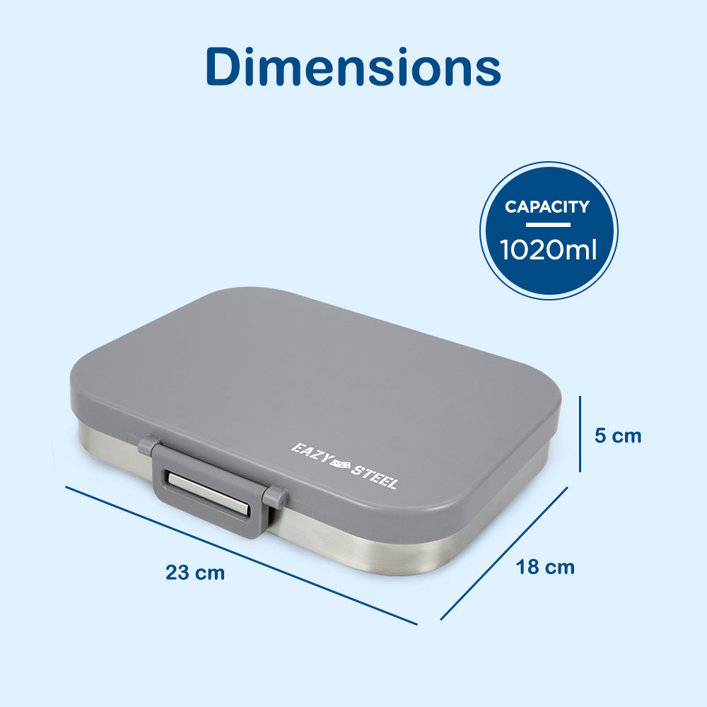 Eazy Kids Premium Stainless Steel Bento Lunch Box w/ Silicon Lid, Grey