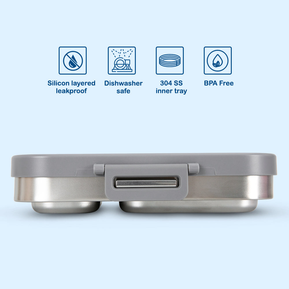 Eazy Kids Premium Stainless Steel Bento Lunch Box w/ Silicon Lid, Grey