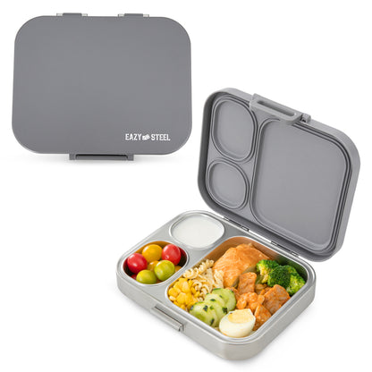 Eazy Kids Personalized Premium Stainless Steel Bento Lunch Box w/ Silicon Lid, Grey