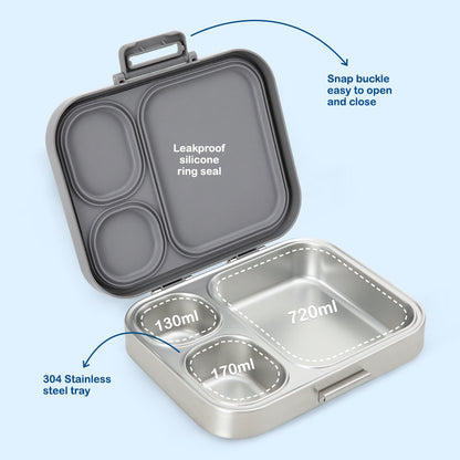 Eazy Kids Personalized Premium Stainless Steel Bento Lunch Box w/ Silicon Lid, Grey
